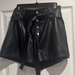 High Waist Black Leather Women Shorts